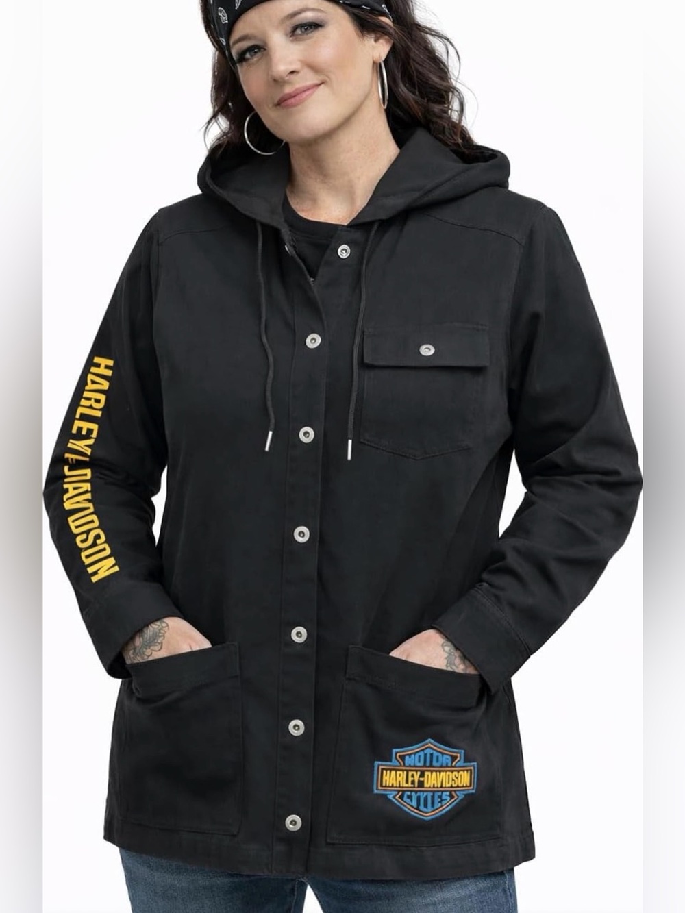 Harley-Davidson Black Hooded Button Front Utility Jacket with Yellow Logo